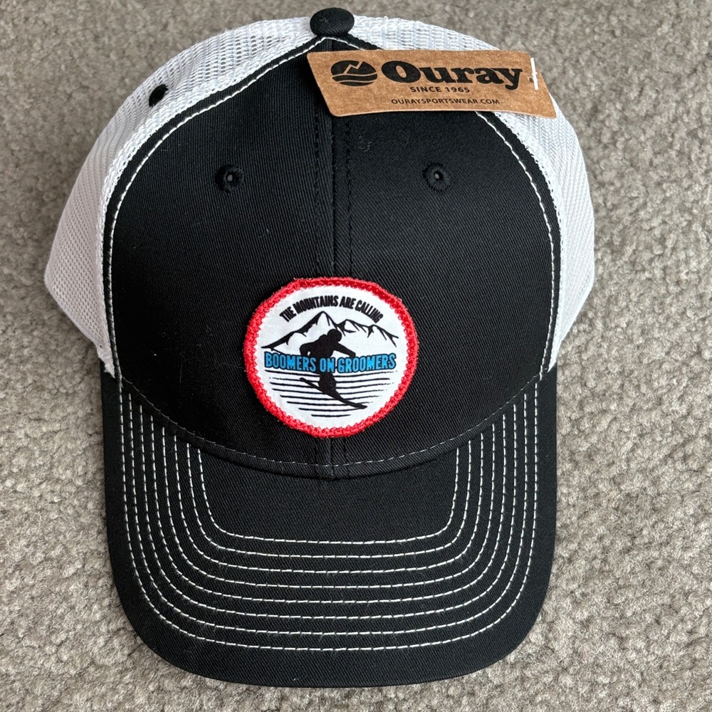 Ouray Black and White Cap with Red-Trim Mountain Patch “Boomers on Groomers”